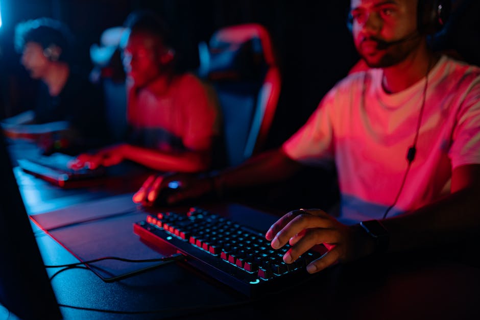 High-tech electronic gaming tournament with digital displays and competitive players